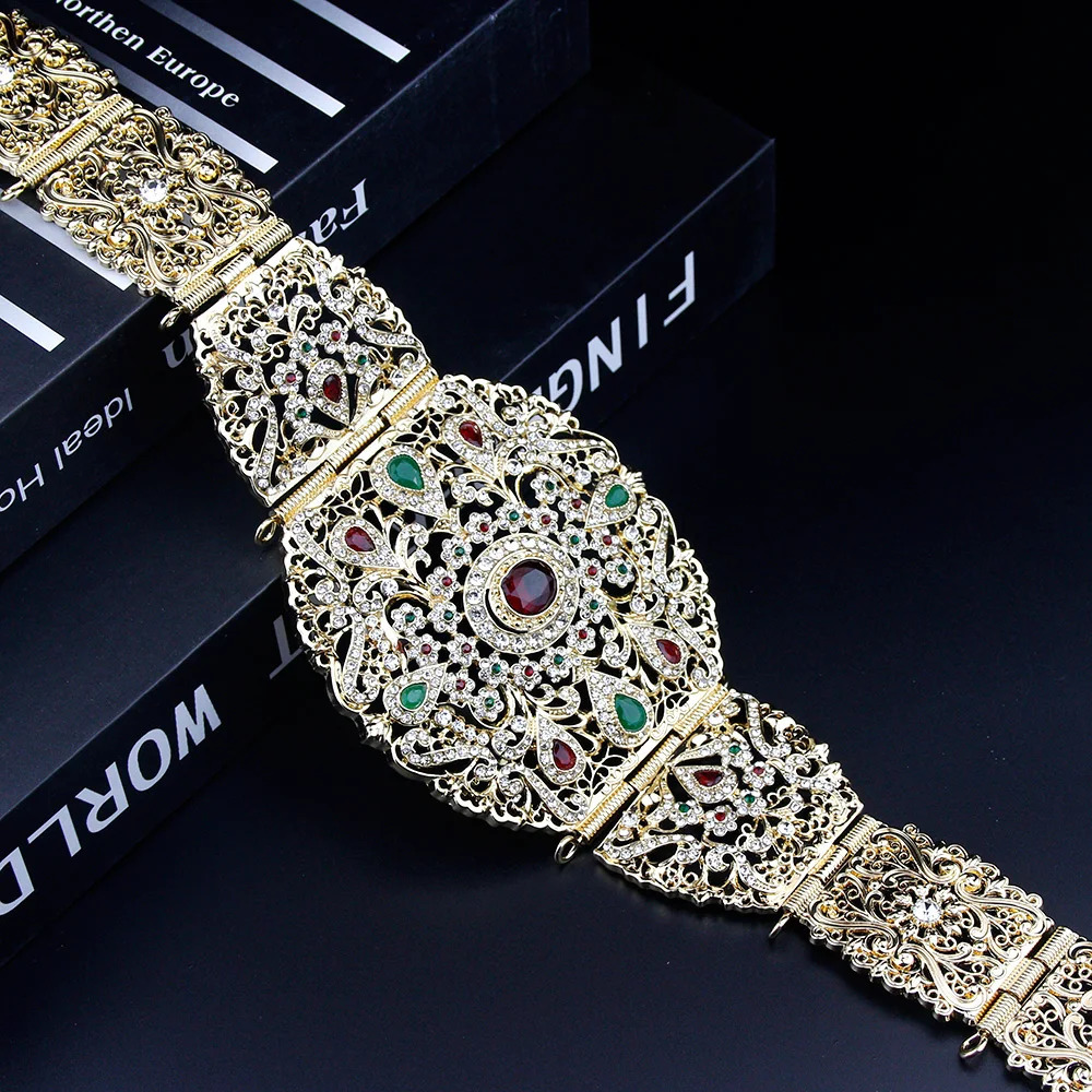 Sunspicems Wide Morocco Belt For Women Caftan Dress Waist Chain Gold Color Arabic Wedding Body Jewelry Crystal Belt Bridal Gift 250225