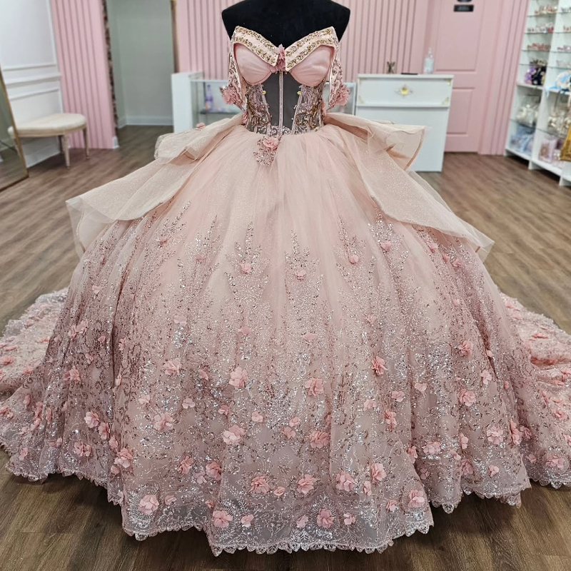 Pink Shiny Quinceanera Dresses Ball Gown Off Shoulder Sequin Appliques Lace Flower Beads Tull Corset Sweet 16 Dress Vestidos 15 De Anos