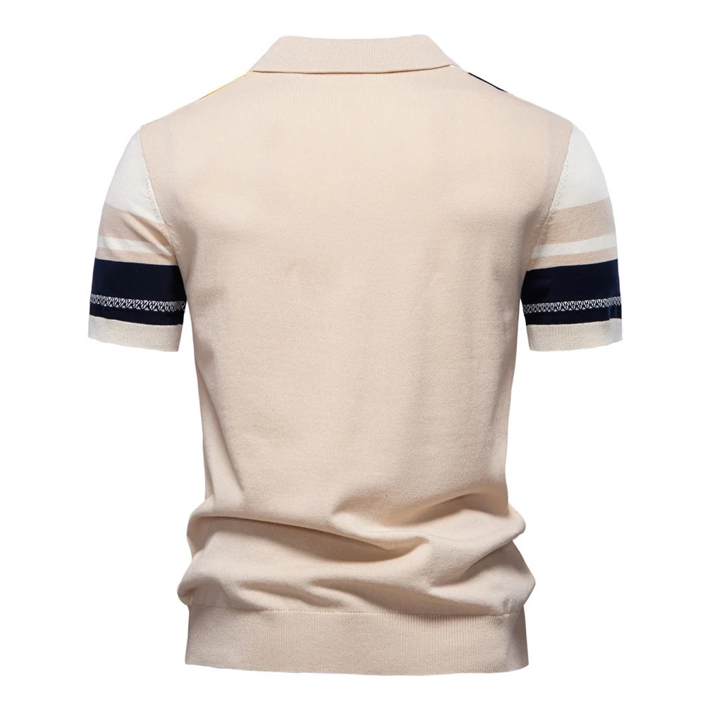AIOPSON 2025 Mens Breathable Striped Contrast Panel Polo Shirt - Lightweight Summer Casual Knit Top with Mesh Inserts 250226