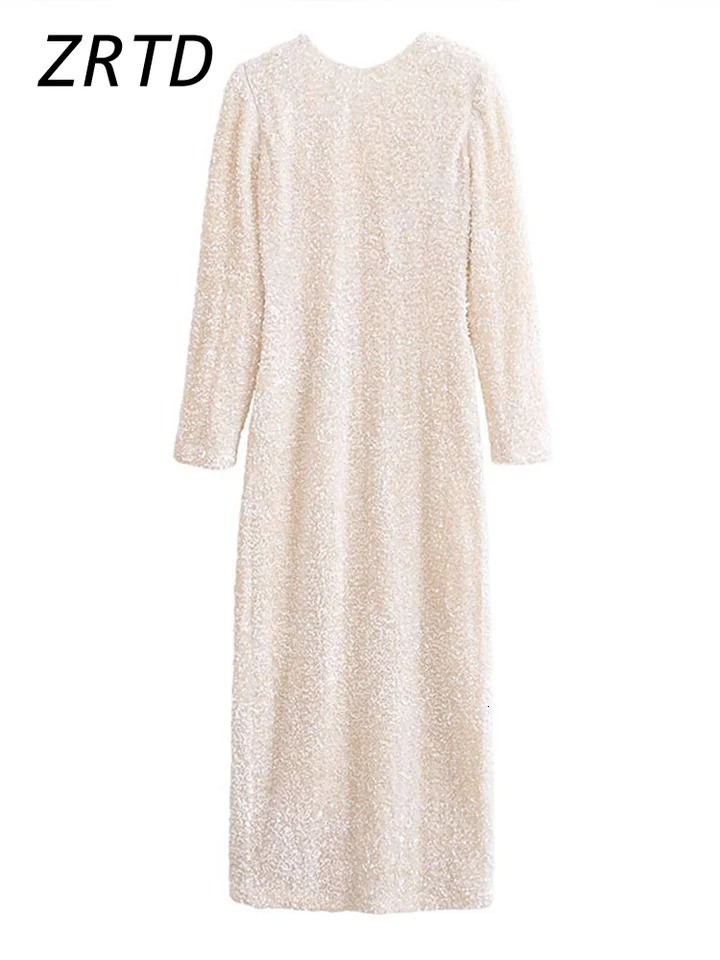 Elegant Sequined Long Party Dress Women Slim O-neck Detachable Full Sleeve Female Dresses Lady Solid Shining Evening Robe 250225