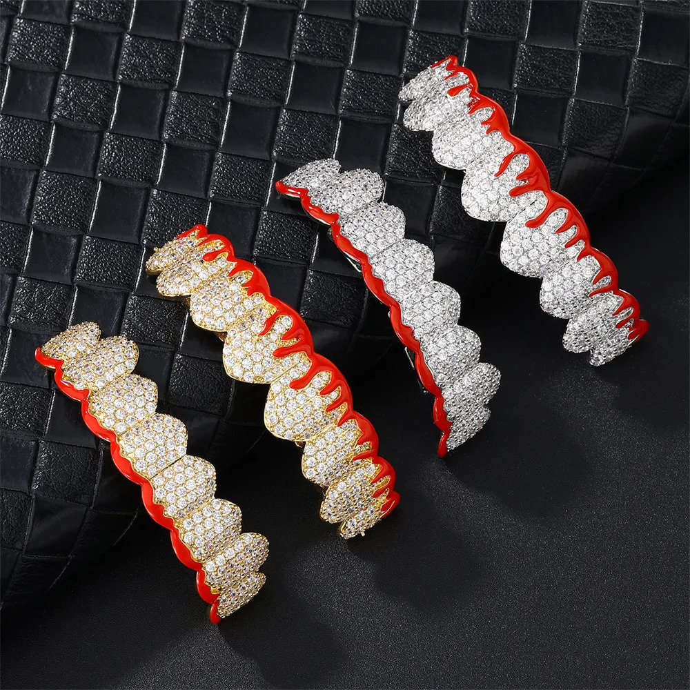 8/8 Red Drip Oil CZ Teeth Caps Cubic Zircon Iced Out Micro Pave Top Bottom Charm Grills For Men Women Jewelry Gift 250220