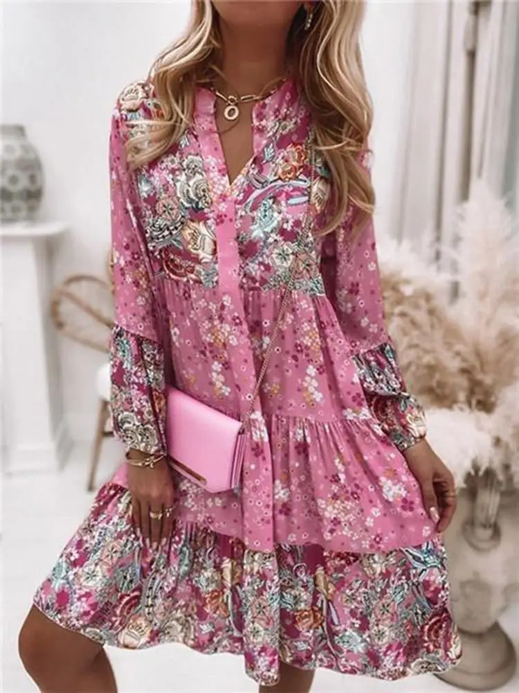 Casual Floral Print Dresses For Women Sping Summer Boho V Neck Loose A Line Dress Elegant Beach Party Dress Robe Femme 250225