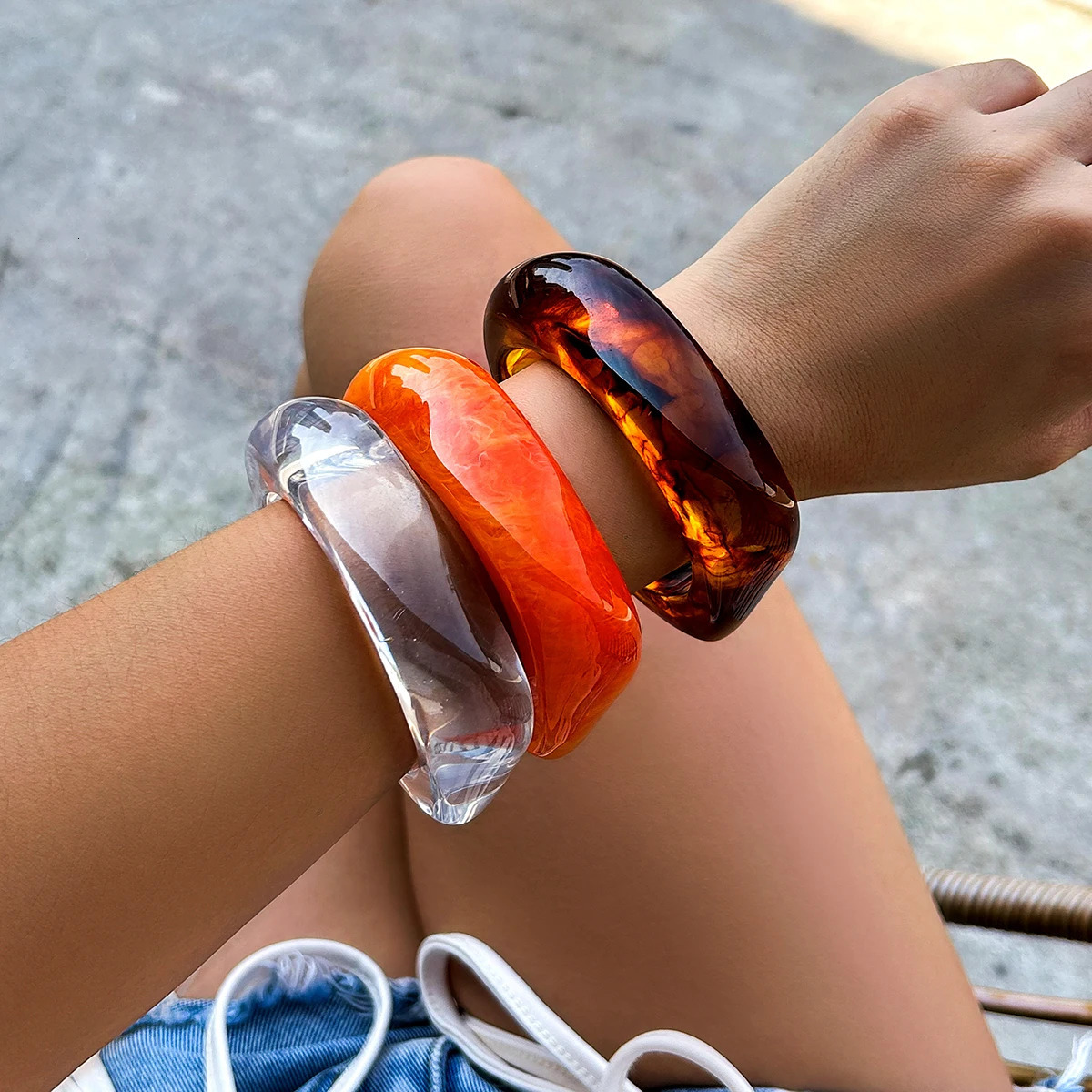 IngeSight.Z Trendy Colorful Acrylic Resin Irregular Bangle Bracelet for Women Boho Charm Transparent Wide Bracelet Christmas 250225