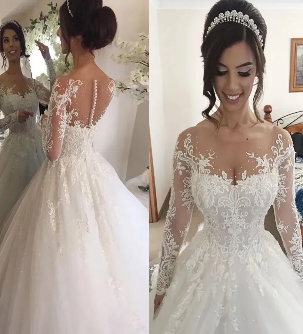 A-Line Wedding Dresses Lace Appliques Long Sleeves Beaded Princess Bridal Gowns Chapel Train Ivory Tulle Bride Formal Wear