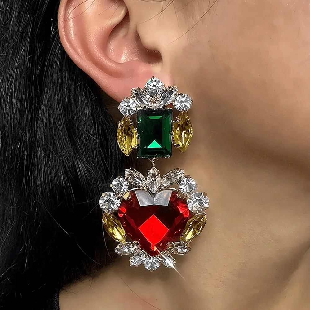 Stonefans Greeen and Red Crystal Heart Dangle Earrings for Women Statement Large Earrings Multicolour Bridal Wedding Ear Jewelry 250225