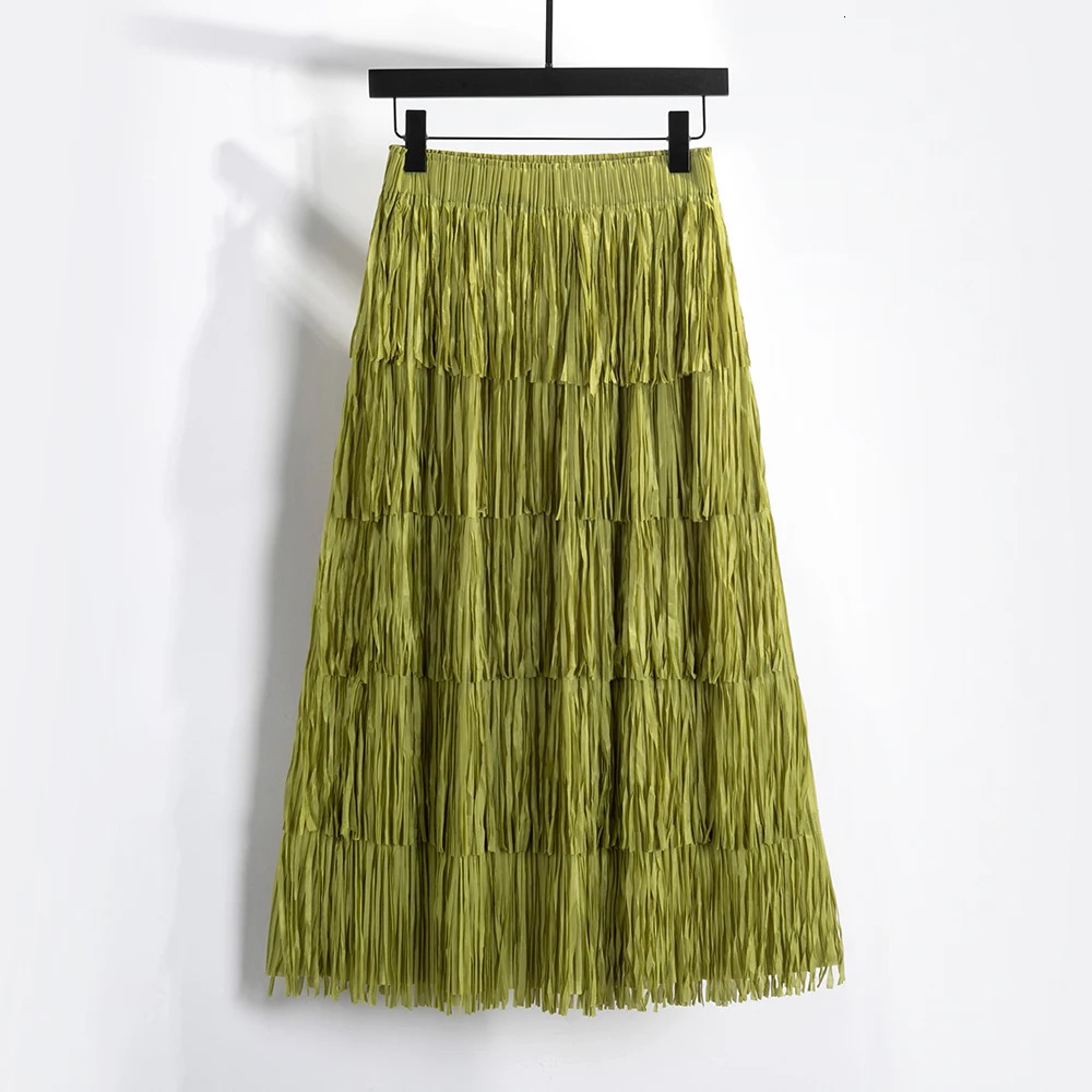 Qooth Women Casual Tassel Pleated Skirt Elegant Elastic Waist A-line Long Skirt For All Season QT2140 250225