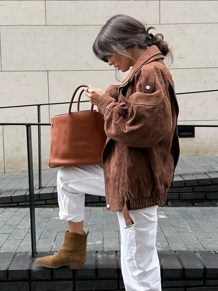 Chic Brown Suede Cropped Casual Coat Vintage Lapel Solid Color Zipper Short Jacket 2025 Autumn Woman Padded Shoulder Jackets 250225