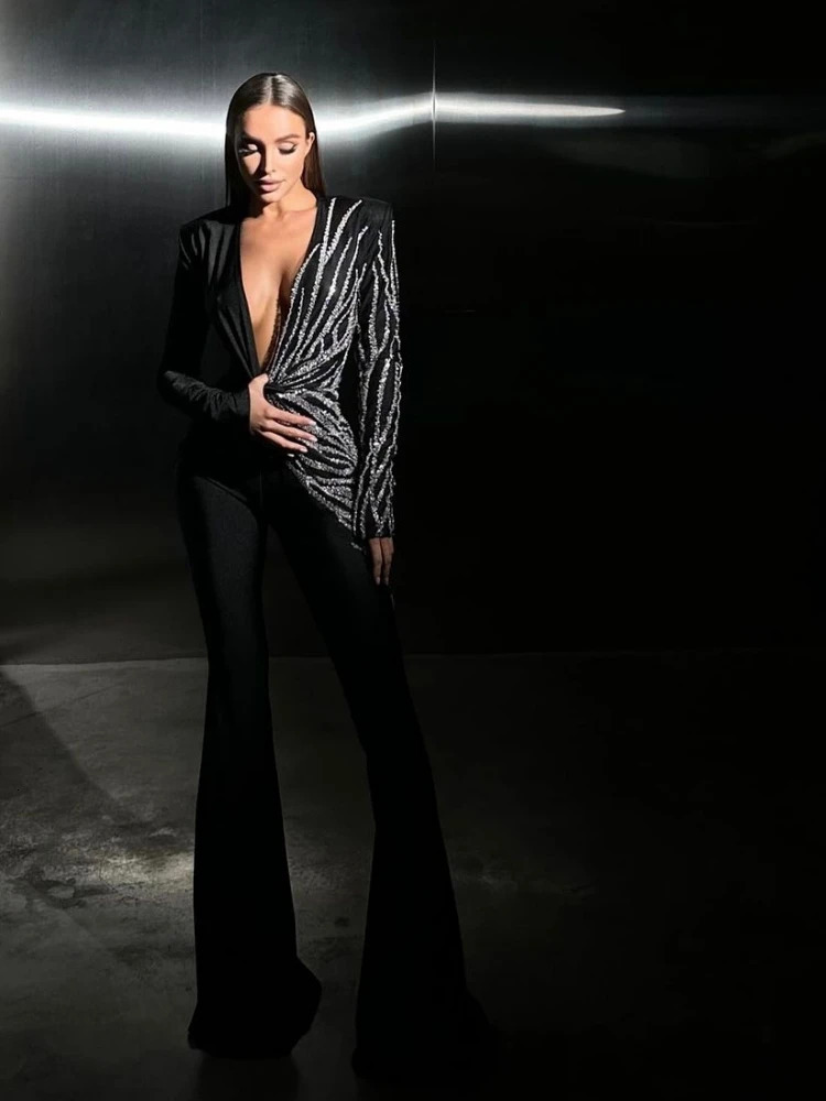 Sexy Deep V Neck Sparkly Diamonds Jumpsuit Women Long Sleeve Draped Wide Leg Jumpsuit Elegant Evening Club Costume Runway 250225