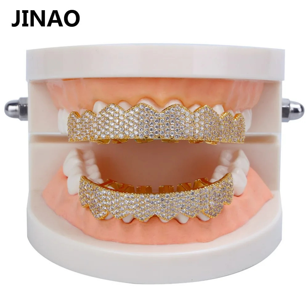 JINAO Gold Silver-Color Iced Out Gold Crystal Jewelry Top Bottom Grills Teeth Body Jewelry Hip Hop Bling Cubic Zircon 250220