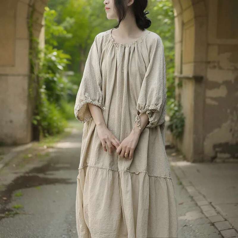 Women's Solid String Cotton En Dress Summer Quality Elegant Short Sleeve O-Neck Patchwork Maxi Haruku Plus Size Vestidos