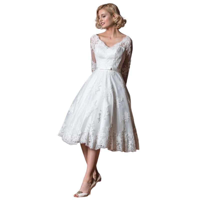 V-Neck Tea Length A-Line Wedding Dress Long Sleeves Lace Appliques Short Garden Wedding Gown