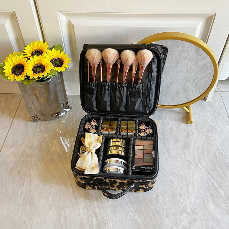 PU Leather Travel Large Capacity Beauty Makeup Case Leopard Waterproof Cosmetic Bag 250221