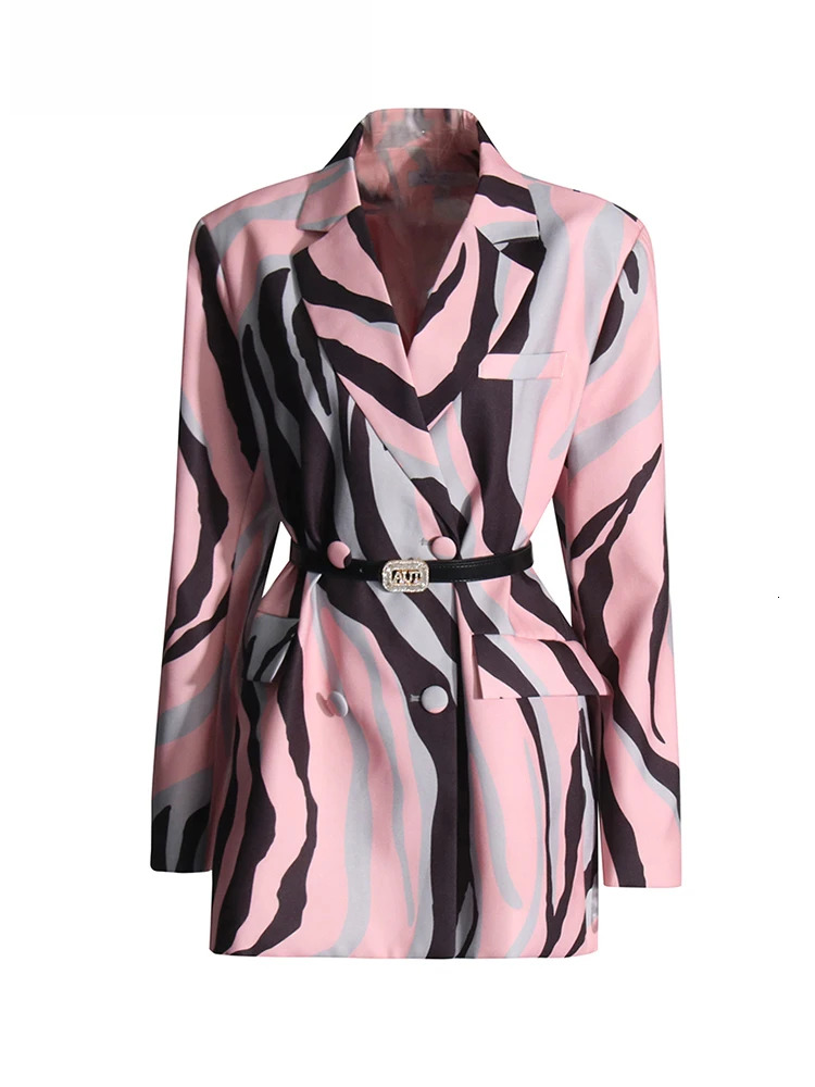 Hit Color Spliced Belt Chic Blazer For Women Notched Collar Long Sleeve Patchwork Button Elegant Coats Female New