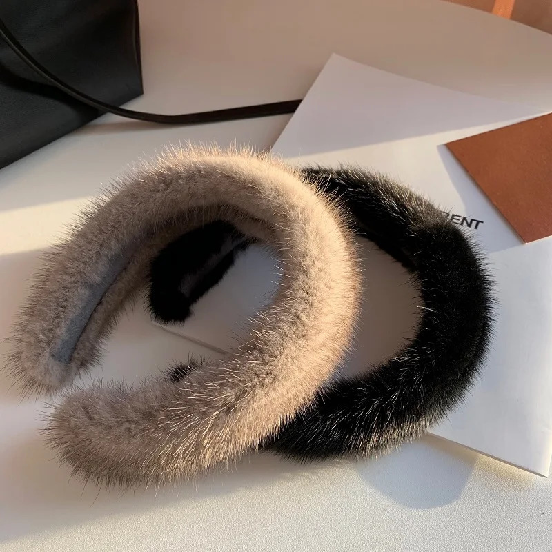 Lady Winter Real Mink Fur Headband For Women Hair Accessories Solid Head Wraps Warm Furry Gift 250226