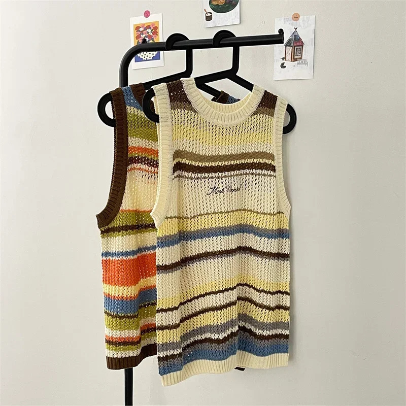 Fashion Striped Hollow Knitted Vest Mens Summer Color Matching Sleeveless Tshirt Loose Couple Vests Tops Male Clothes 250225