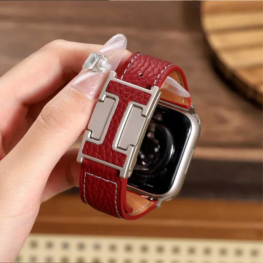 Watch Bands Leather magnetic strap for Apple Ultra2 49mm 10 42 46mm 41 45 40mm 38mm H buckle strap for I series 9 8 7 5 SE Correa H25225