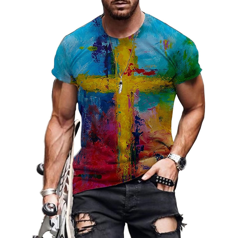Mens T shirt Mens T-Shirts Jesus Cross Faith Vintage Oil Painting Casual T-Shirts Summer Short Sleeve Crew Neck Christian Tops tee Casual tops summer 