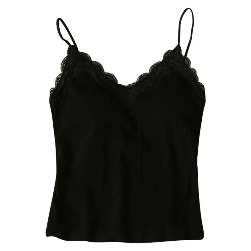 Womens crop top Korean version solid color Vneck lace patchwork ultrathin fashion sleeveless vest with chest cushion 250224Z