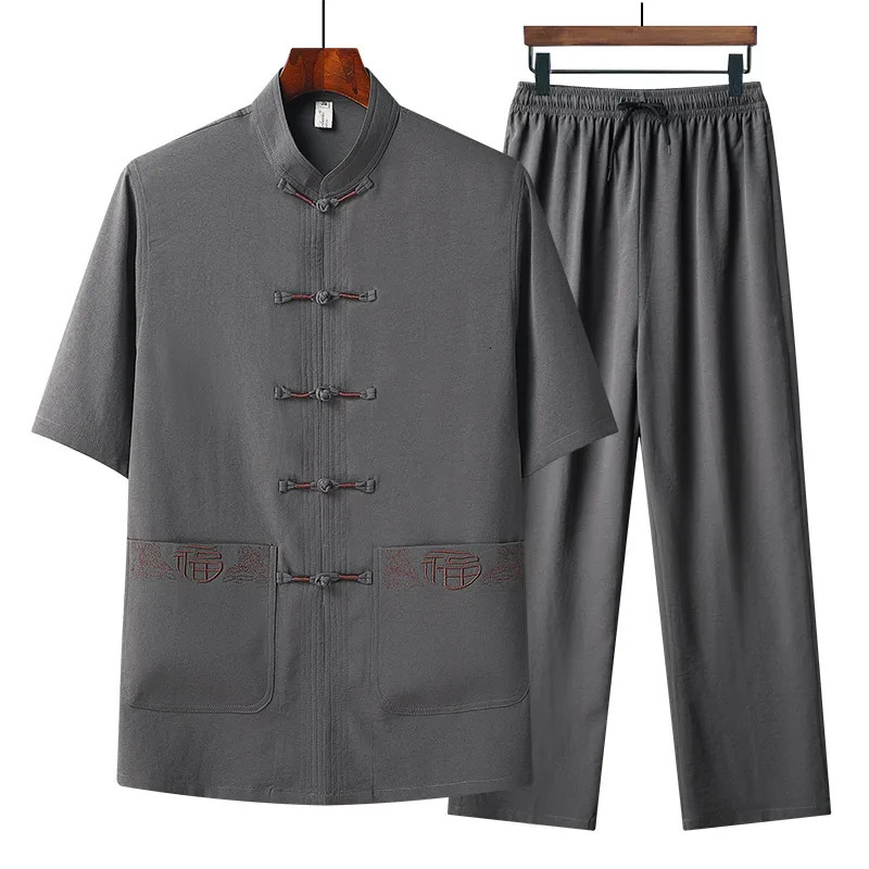 Chinese style Shirts Pants summer 100% Cotton linen Sportswear Mens Casual Sets spring Male Fashion Chinese style trousers 250222