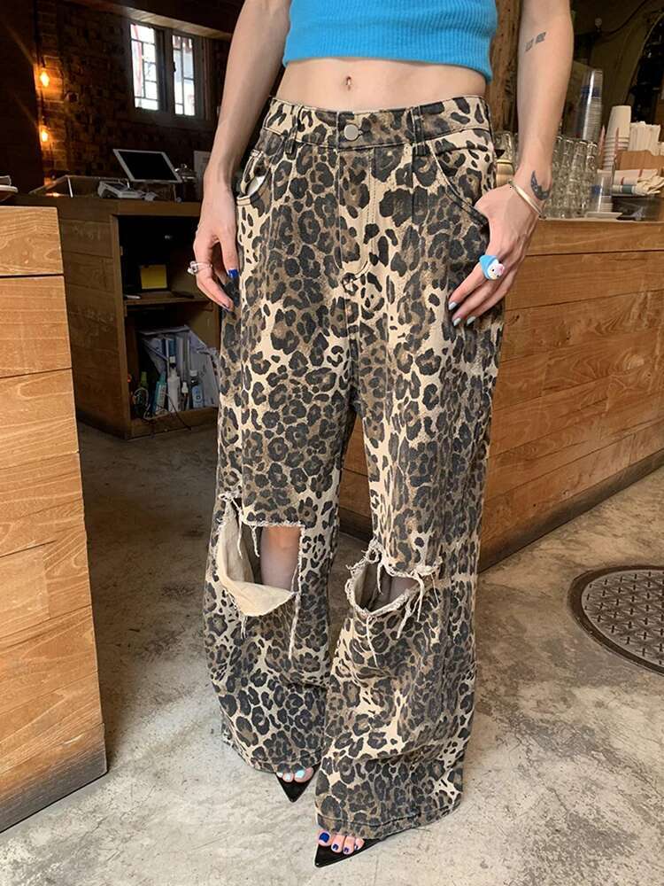 Leopard Ripped Wide Leg Jeans For Women High Waist Patchwork Button Loose Fashion Denim Pant Female Clothing New