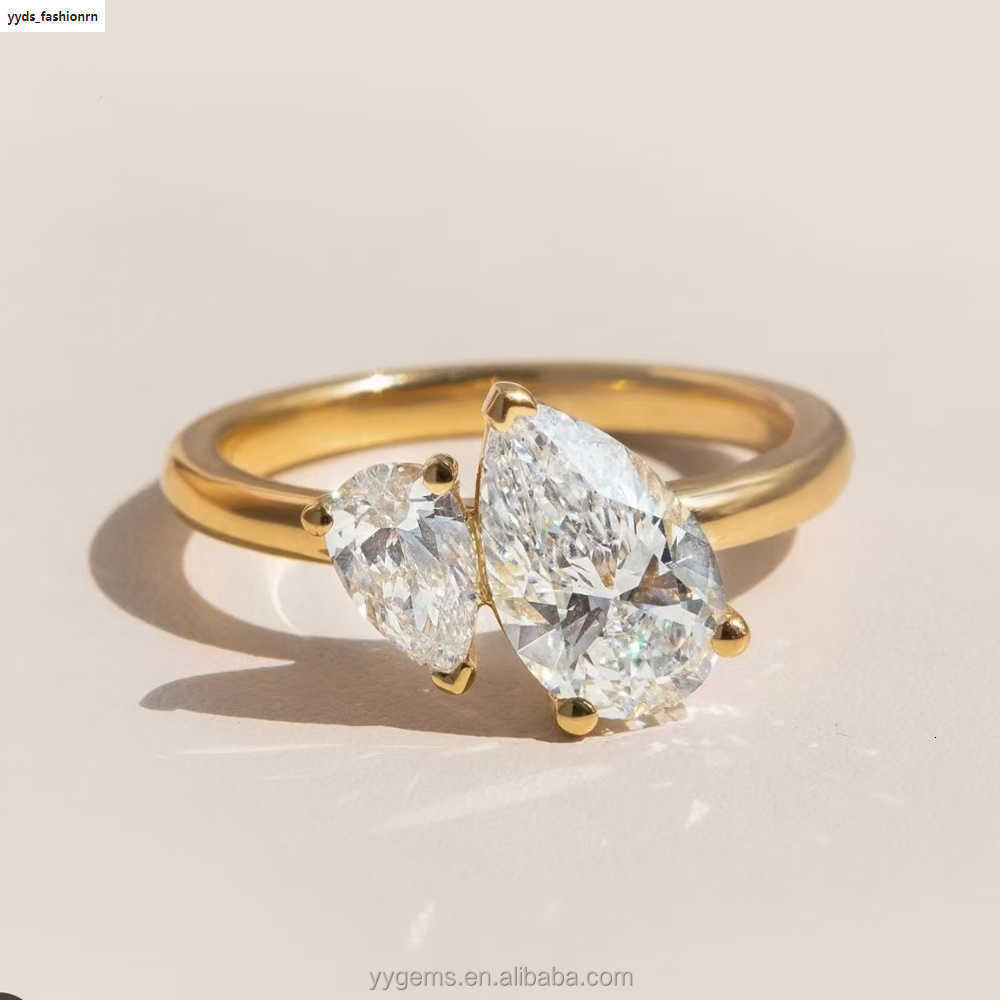 French Style MOI ET TOI Fine Pass Dia Test Pear Shape Moissanite Ring Solid Gold Engagement Rings Jewelry Women