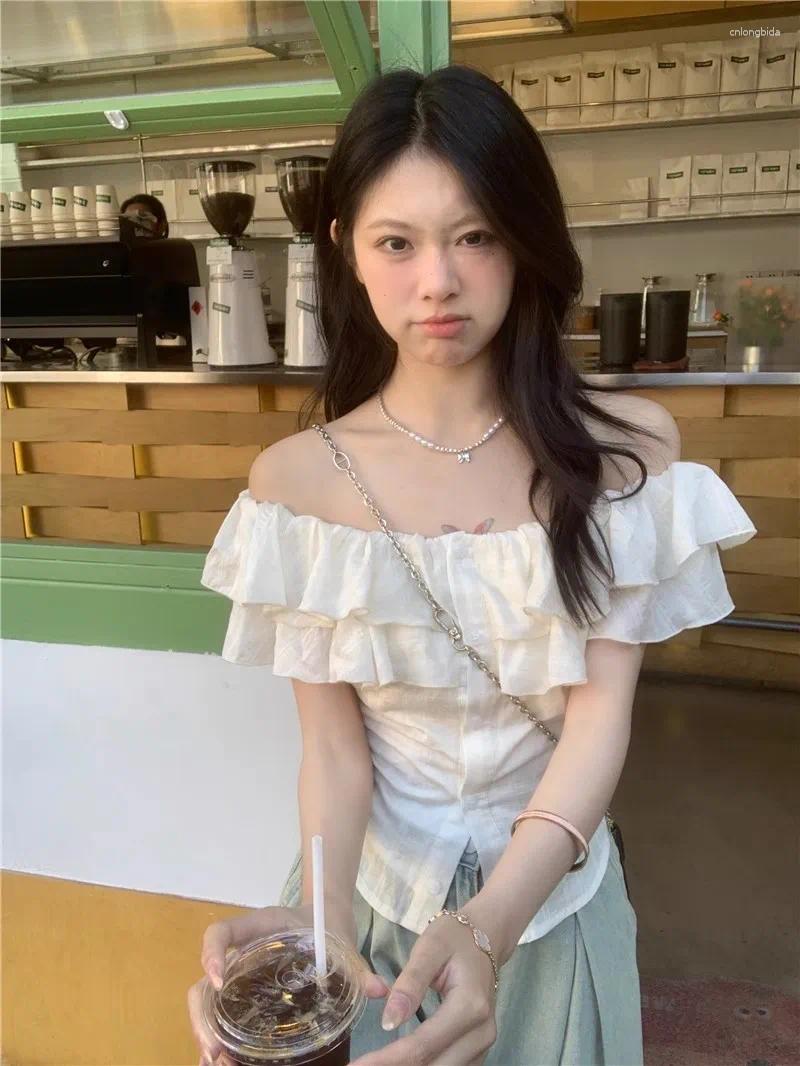 Women's Blouses Slash Neck Shirts Women Summer Slim Breathable Sweet Girl Korean Fashion Top Ruffles Students High Street Gentle Camisas