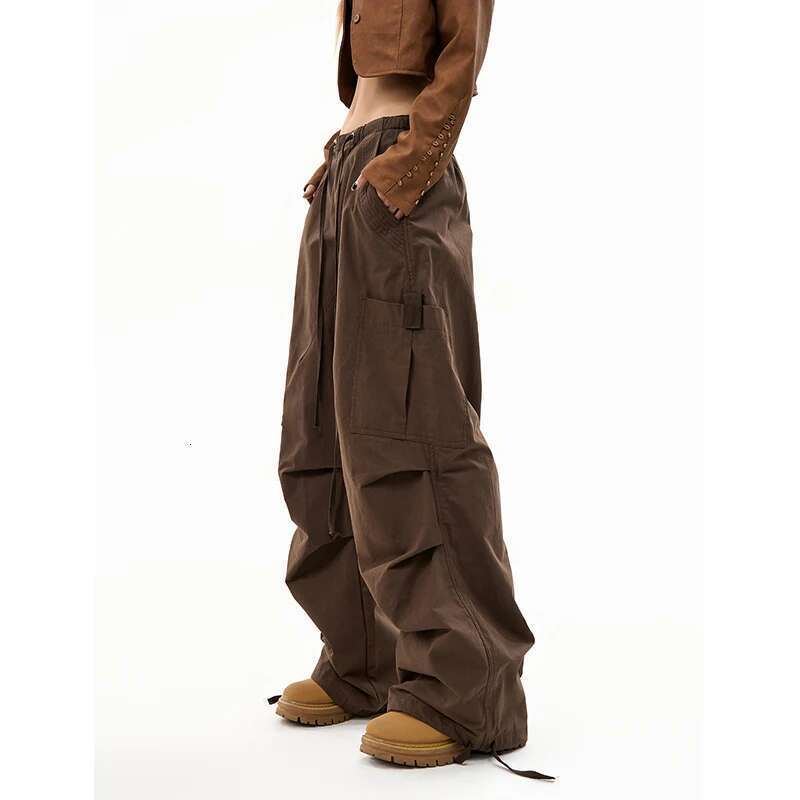 Deeptown Vintage Parachute Pants Women Y2k Streetwear Oversized Brown Trousers Korean Style Cargo Joggers Hippie Haruku Grunge