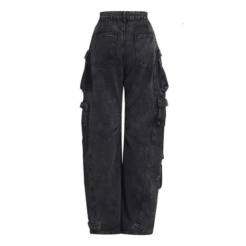 Street Trendy Womens American Black Grey Multi Pocket Denim Workwear 250225