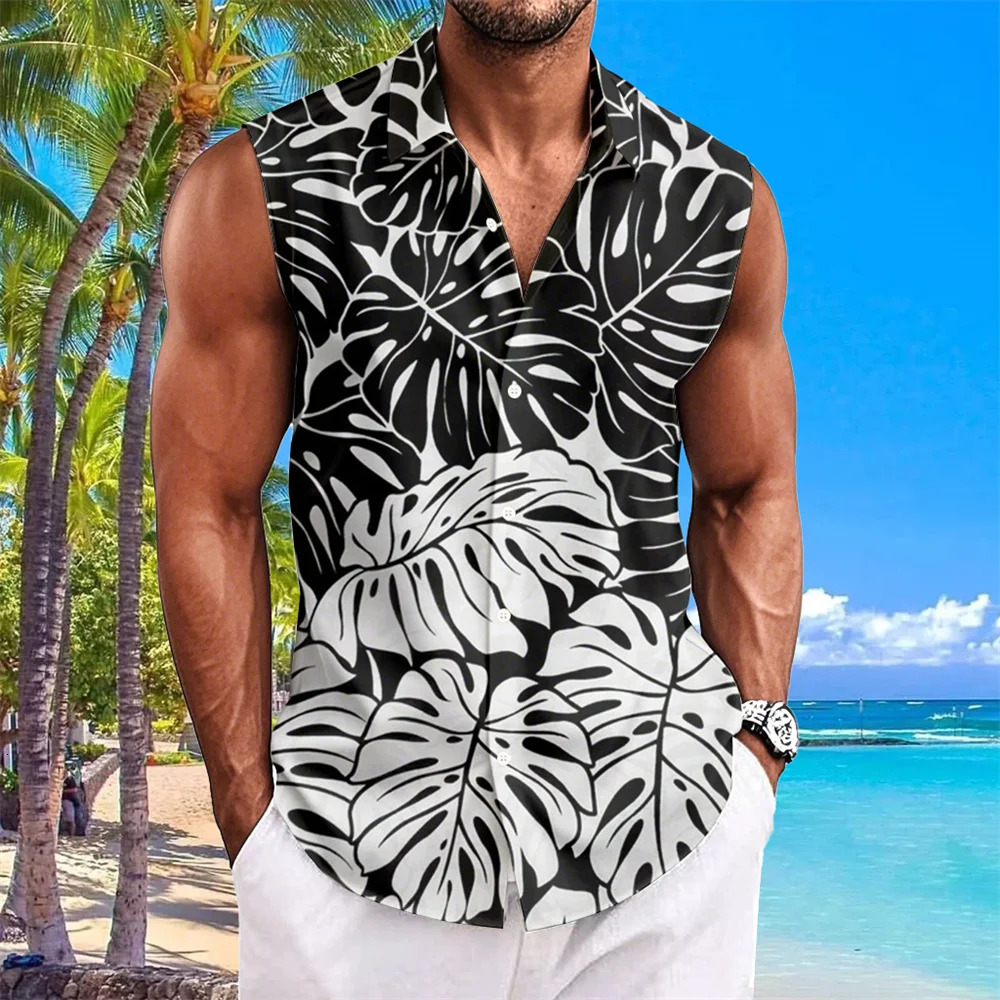 Beach Flower 3d Print Shirts For Men Casual Sleeveless Lapel Top Fashion Oversized Hawaiian Shirts Men Vacation Style Vest Shirt 250226
