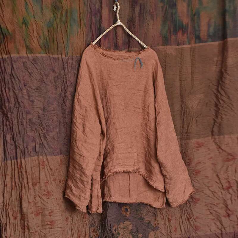 Women Causal Simple Loose Thin Ramie Shirt Solid Color Blouse Ladies Vintage Female 2024 Long Sleeves Summer Spring Tops