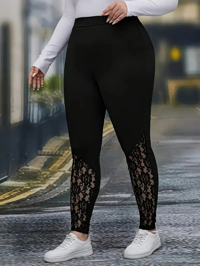 GIBSIE Plus Size Womens Fashion Contrast Lace Black Leggings Spring Fall High Waist Elastic Casual Skinny Leggings Female 250226