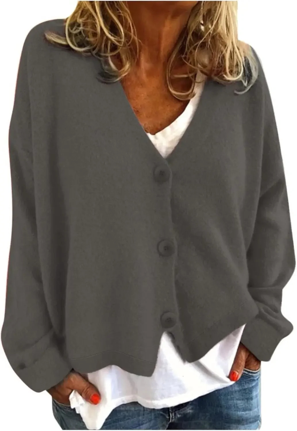 Womens printed long sleeved Vneck sweater with button hem and ribbed cuffs knitted cardigan wool 250225