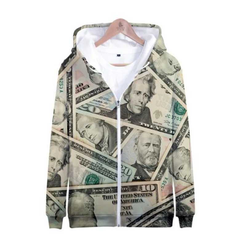 Fashion Dollar Pattern Zipper Hoodie Trend Autumn Long Sleeve 3D Banknotes Printed Sweatshirt Loose Casual Strtwear Pullovers X250227