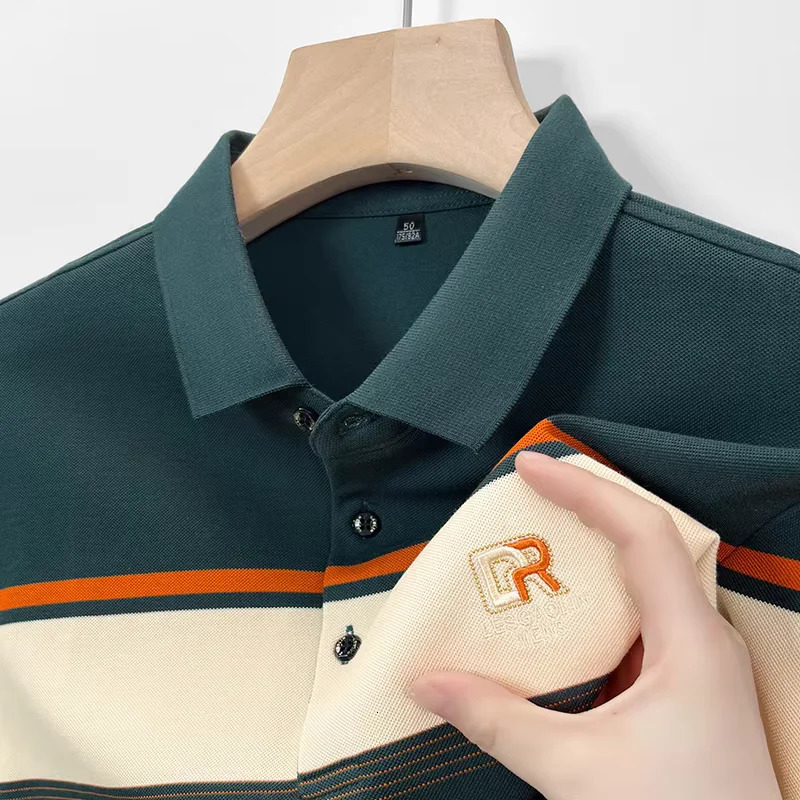 striped long sleeved fashionable embroidered mens polo shirt 2025 autumn silk cotton breathable casual T-shirt 250224