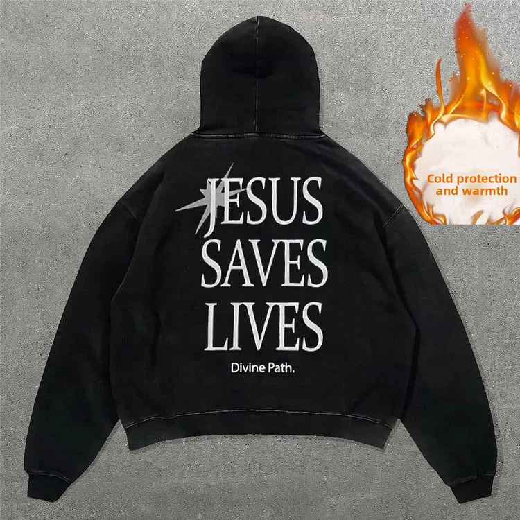 2024 autumn and winter cashmere thick washed hoodie Jesus Save Lives Print Graphic Acid Washed Oversized Hoodie streetwear 250225