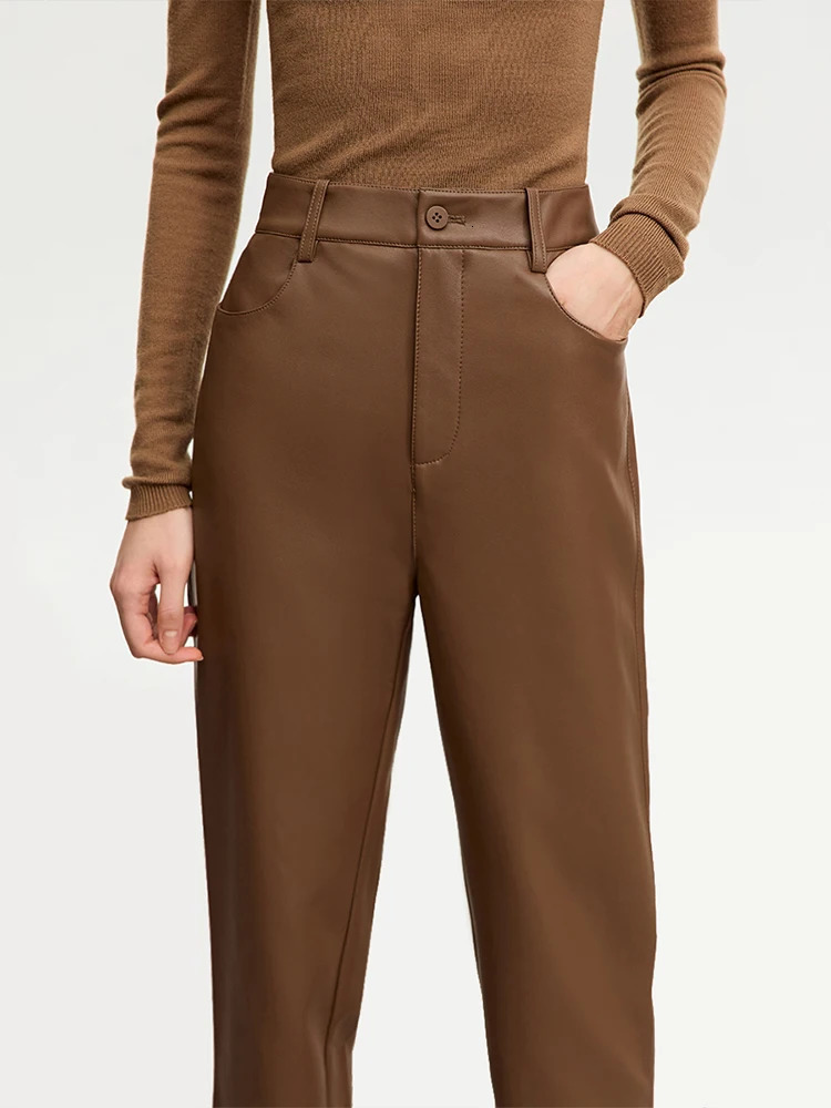 AMII Minimalist Ankle strength Casual Womens Pants Winter PU Leather Straight Fashion Solid Trousers 12345138 250227
