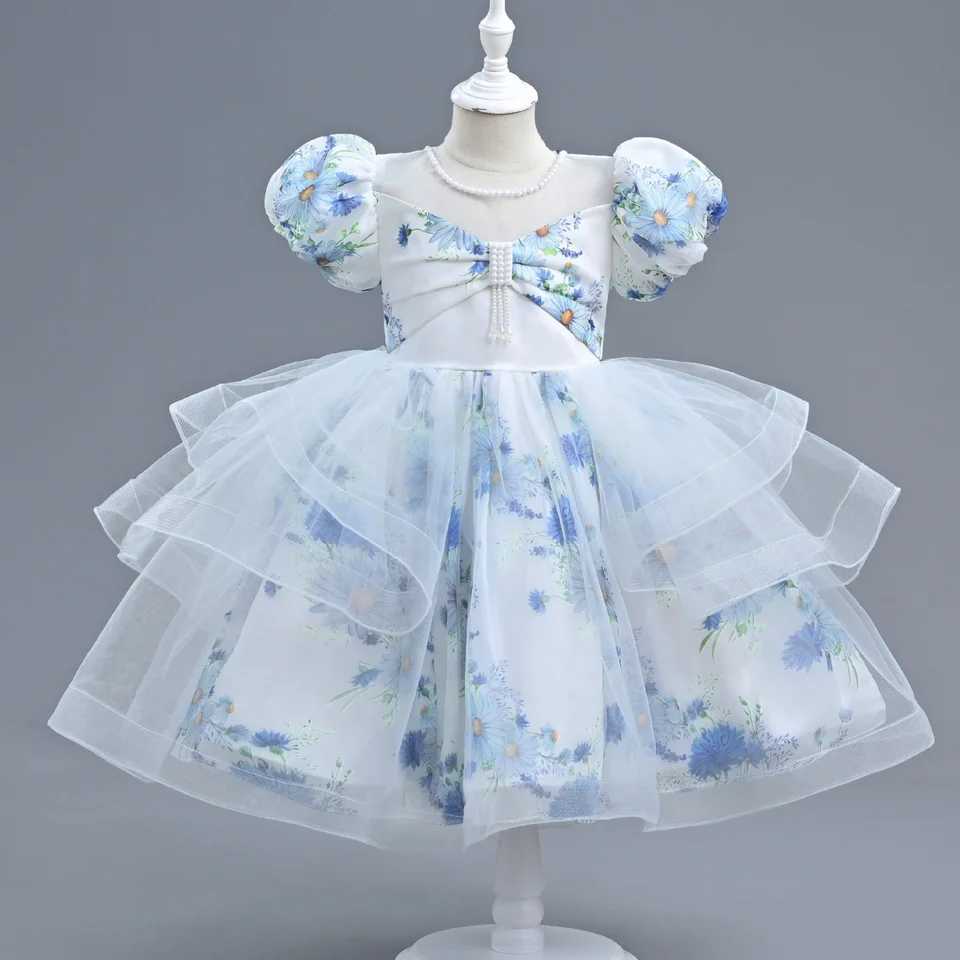 Girl's Dresses Girls New Flower Print Pearl Bubble Sleeve Mesh Fluffy Skirt Birthday Party Wedding Flower Girl Sweet and Cute Evening Dress Y2502