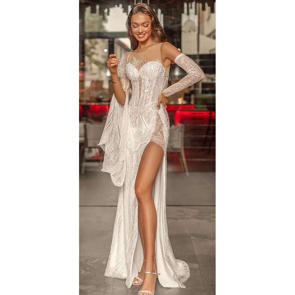 Mermaid Dresses O-Neck Design Lace One Sleeve Side Split Without Backrest Floor Length Custom Bridal Dress
