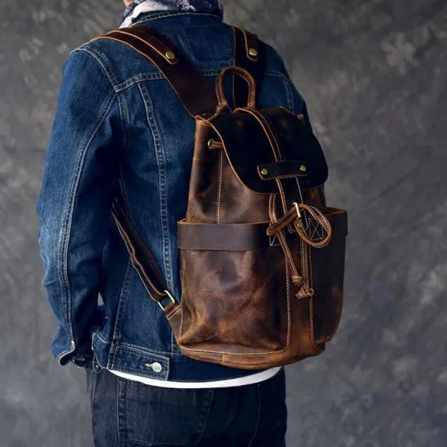 Ship from US Vintage Leather Travel Backpack for Men Women | Durable Rucksack Outdoor Hiking Camping 250227FBB