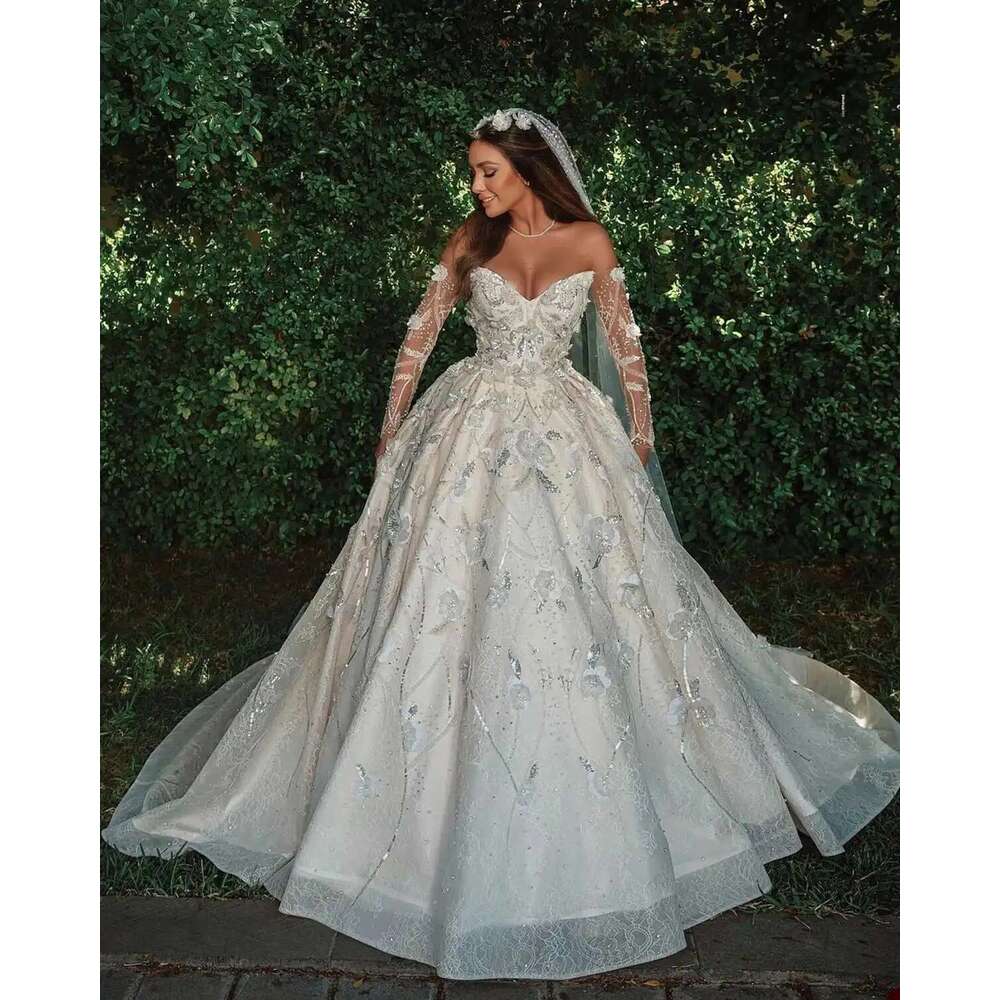 Wedding Dresses with 3D Appliques, Ball Gown, Lace, Sequin Sleeves, Backless, Pleated, Cut, Custom Dress