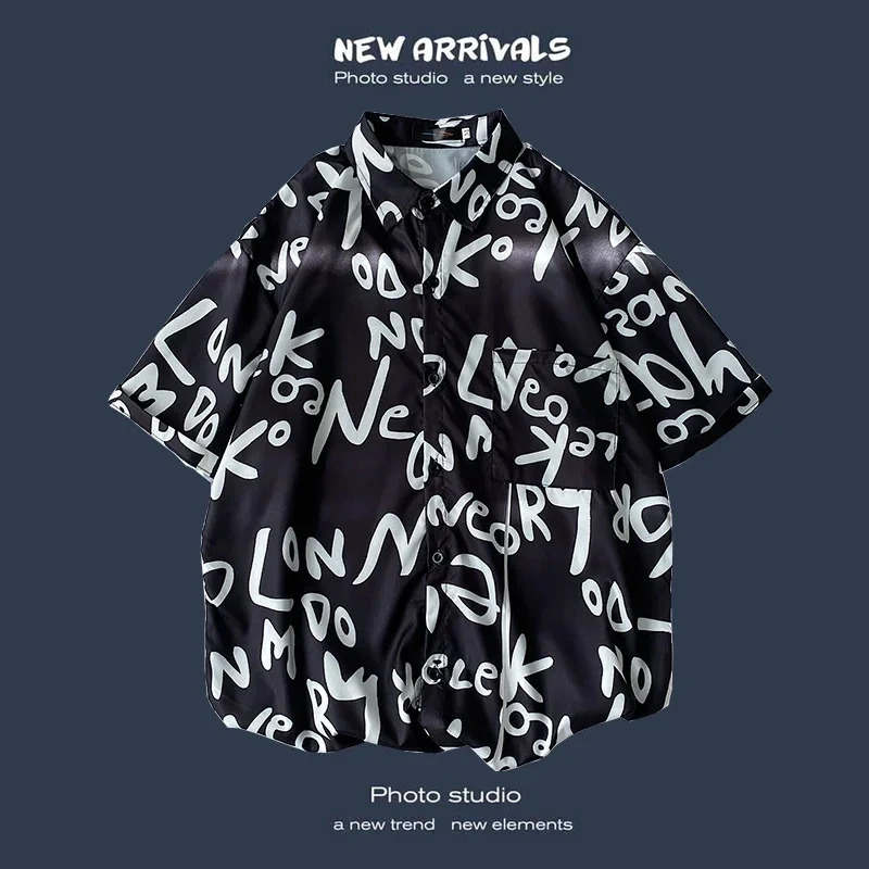 Mens Street Fashion SpringSummer Daily Shirt Hawaii Cartoon Printed Casual Loose Short Sleeve Beach Top 250226