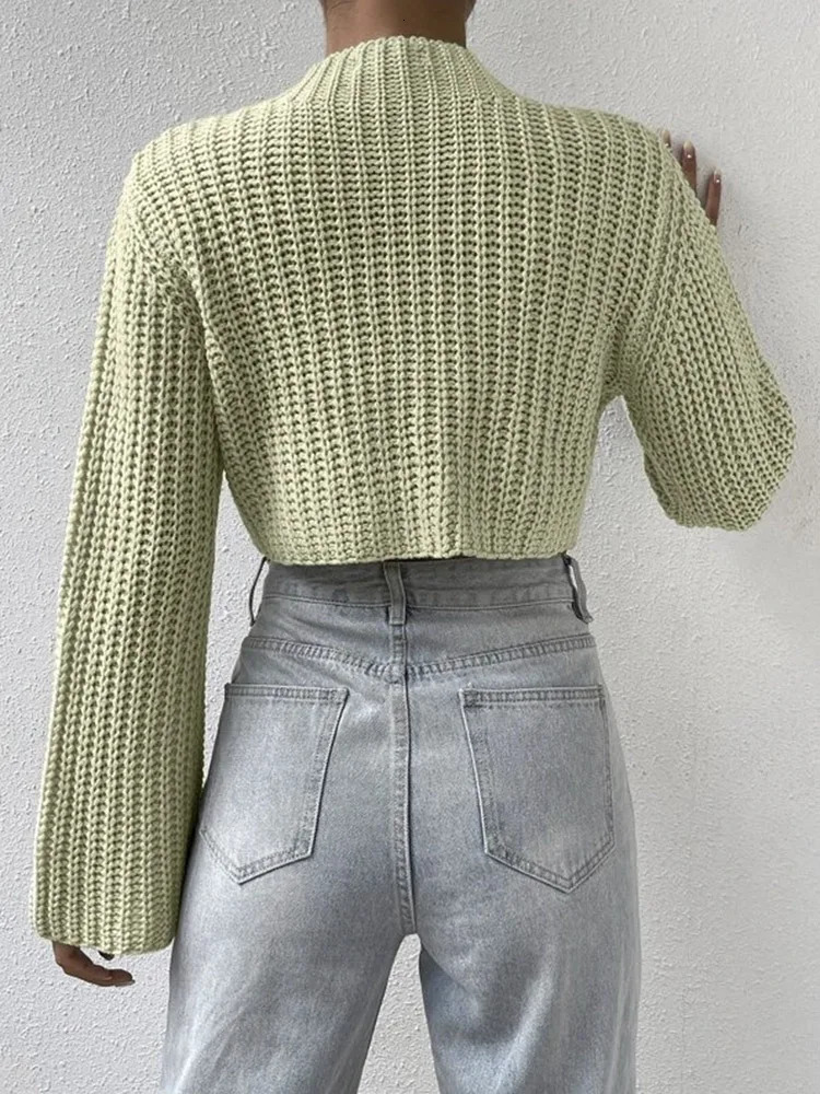 Korean Style Solid Cropped Sweater Women Vintage Oversize Knit Jumper Fmale Autumn Long Sleeve Oneck Pullovers Tops 250225