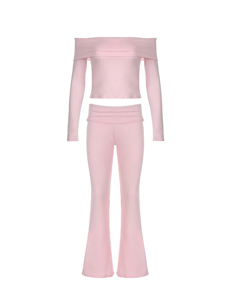 Women Solid Skinny Ruched Off Shoulder Long Sleeve Tee Shirt And Flared Pants 2 Pieces Sets 250226