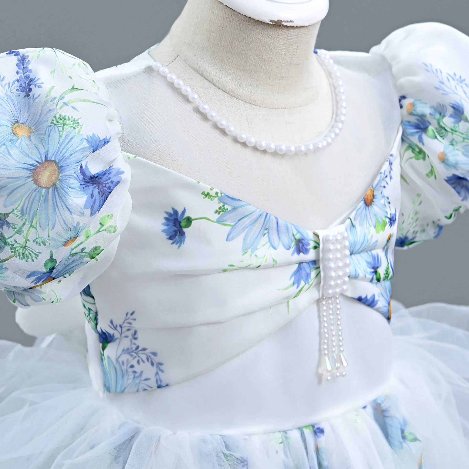 Girl's Dresses Girls New Flower Print Pearl Bubble Sleeve Mesh Fluffy Skirt Birthday Party Wedding Flower Girl Sweet and Cute Evening Dress Y2502