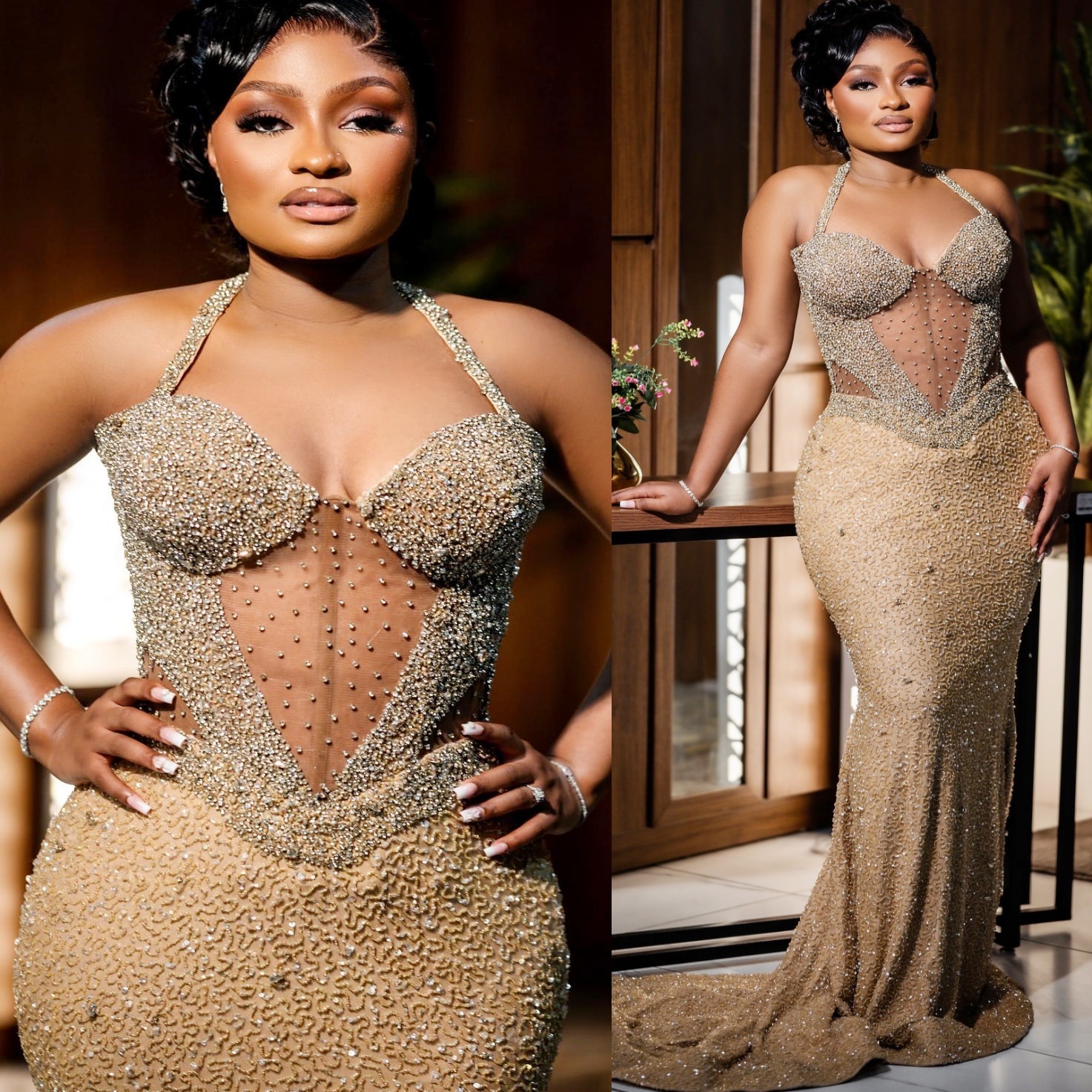 Gold Mermaid Prom Dresses 2025 Halter Illusion Crystals Sequined Evening Formal Party Second Birthday Engagement Gowns Plus Size Dress For Special Occ