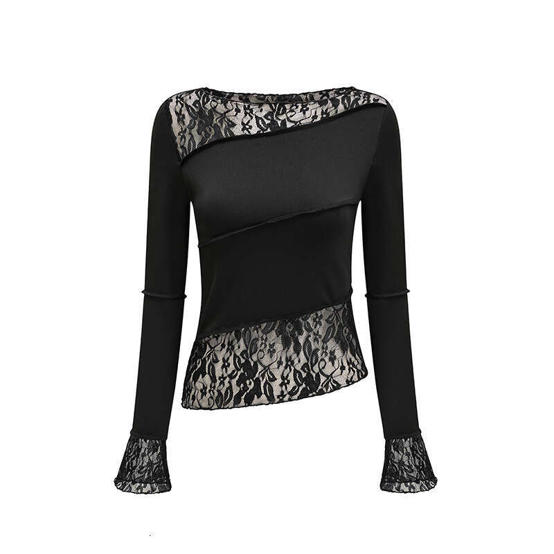 Autumn Top Women's Fashion Sexy Slim Fit Lace Splicing Long Sleeve T-shirt 2025 Versatile New Trendy Clothing Ins