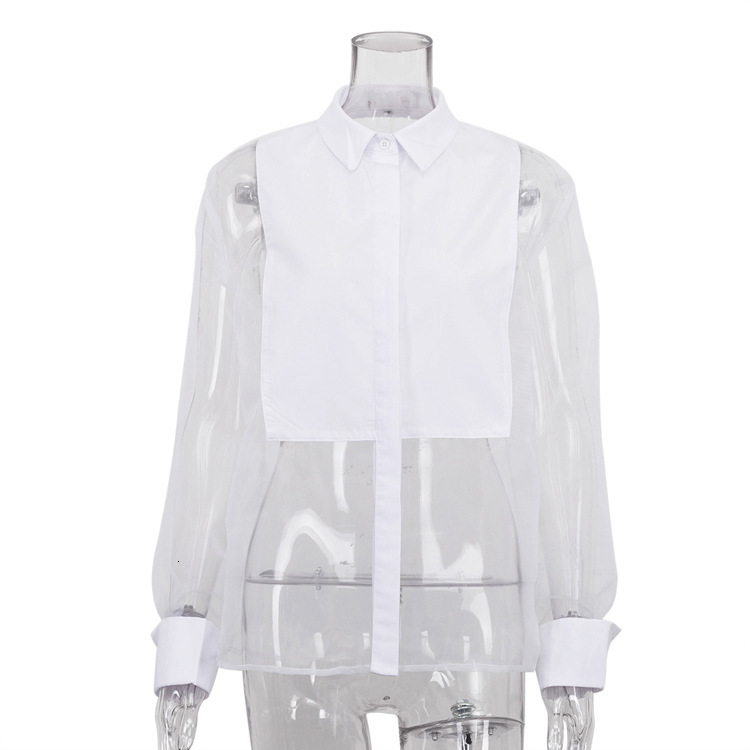 New3 Spring/Summer Fashion Long Sleeve Polo Collar Organza Spliced Shirt Top Transparent Sexy Women's Wear