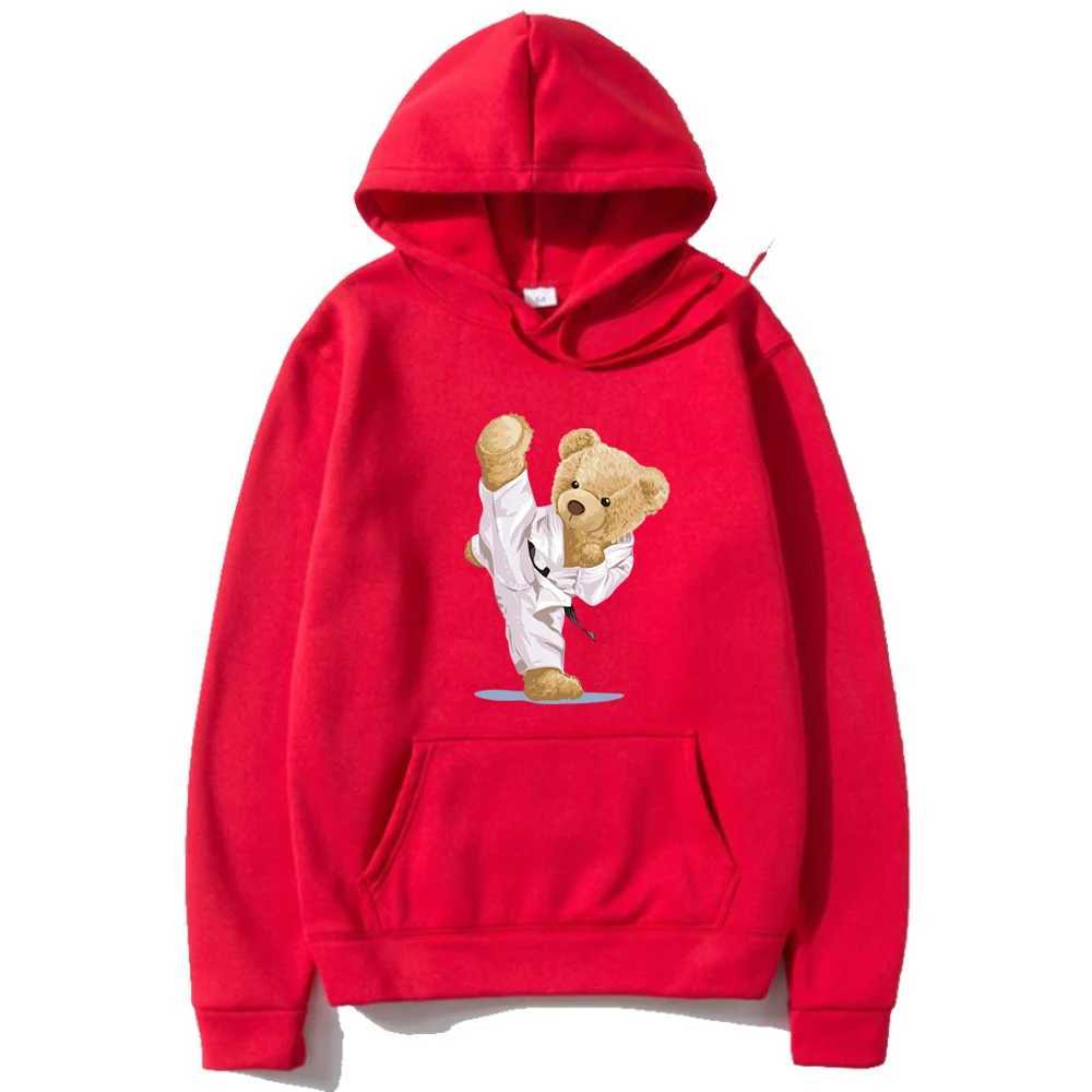 Wine Red Bear Print Hoodie Loose Fit Casual Sweatshirt Top Fashionable Long Slve Pullover for Mens Outdoor Sportswear L251018WSQL