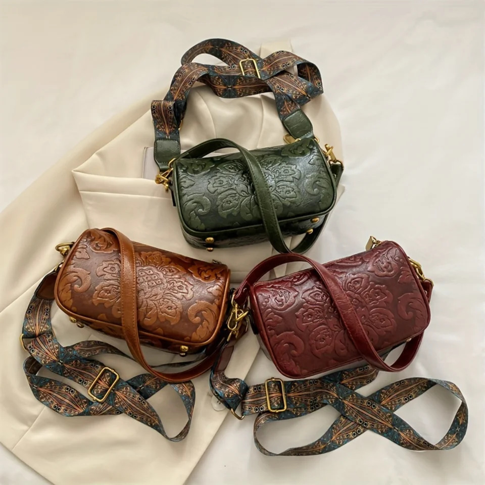 Ship from US Retro Flower Embossed Crossbody Bag Fashion PU Leather Boston Womens Ethnic Strap Shoulder Purse 250227FBB