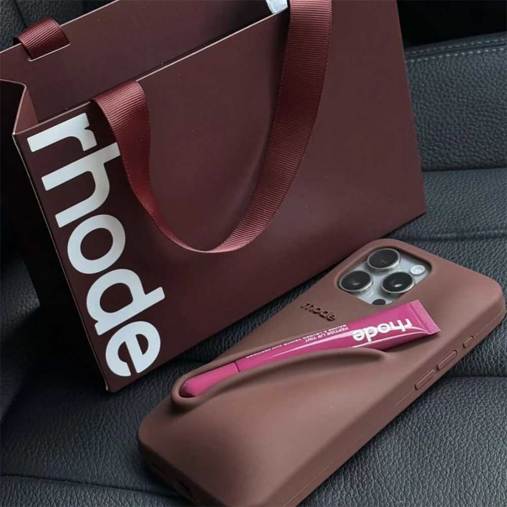 Rhode lipstick holder with lip shaped glass phone case for iPhone 13 16 15 Pro Max 11 12 14 Plus lipstick soft silicone cover Z250227
